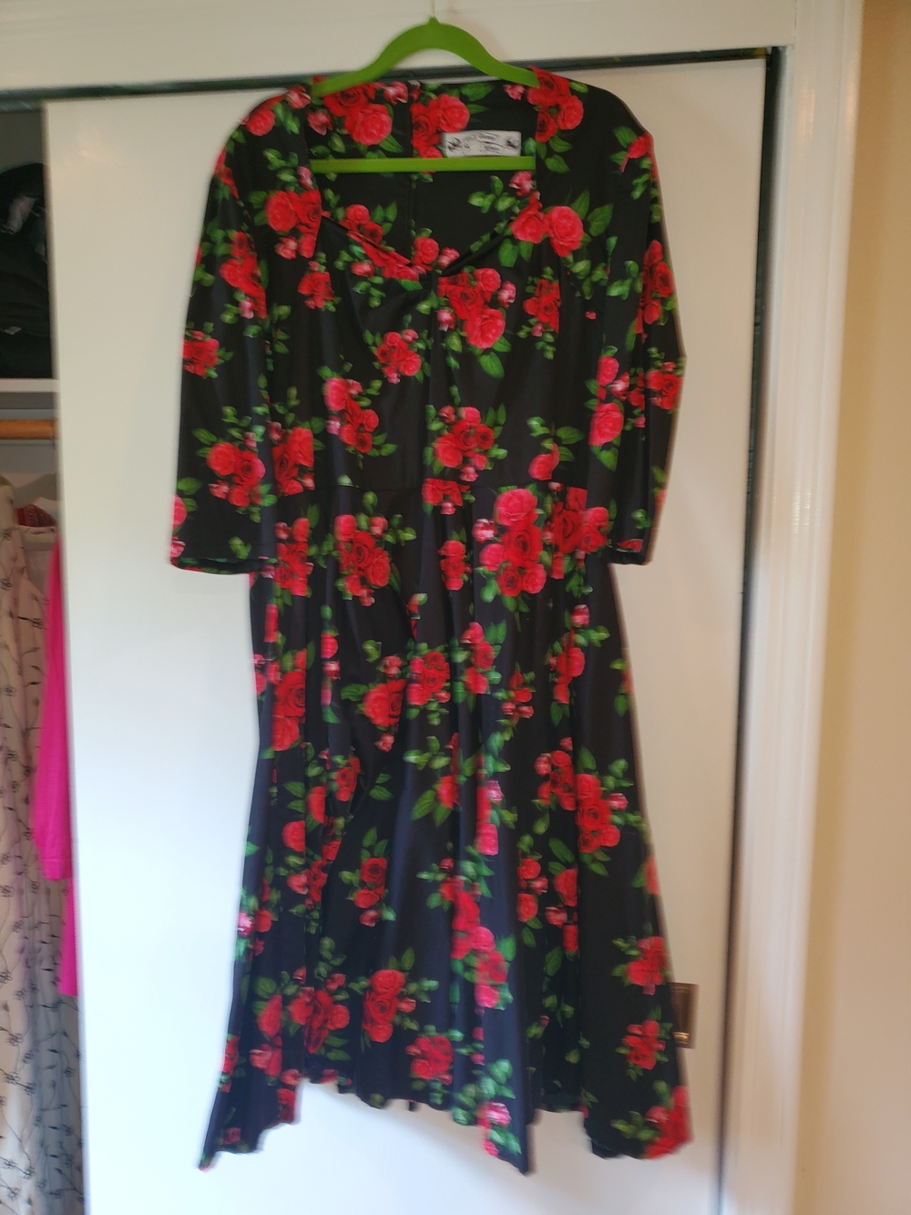 Hell Bunny Black Midi Dress with Red Rose Print